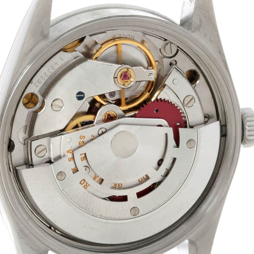 The image shows the internal mechanism of a Rolex Air-King 14000 Men's Stainless Steel White Dial 14000 Men's Stainless Steel White Dial watch taken from a back angle with the case back removed.