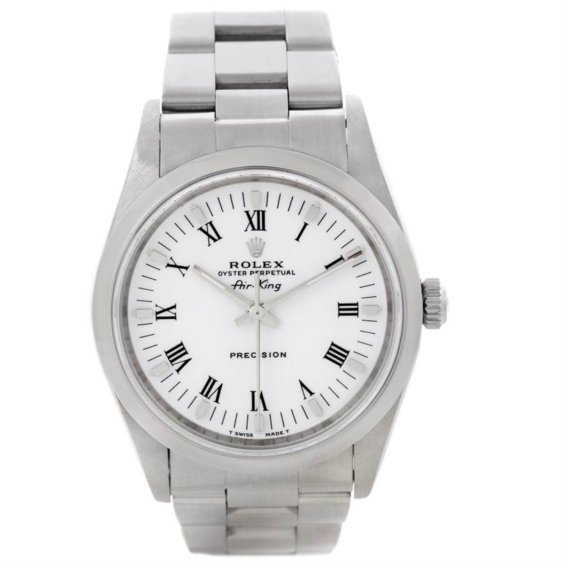 The image shows a Rolex Air-King 14000 Men's Stainless Steel White Dial 14000 Men's Stainless Steel White Dial watch from a front view, including its face, bracelet, bezel, and crown.