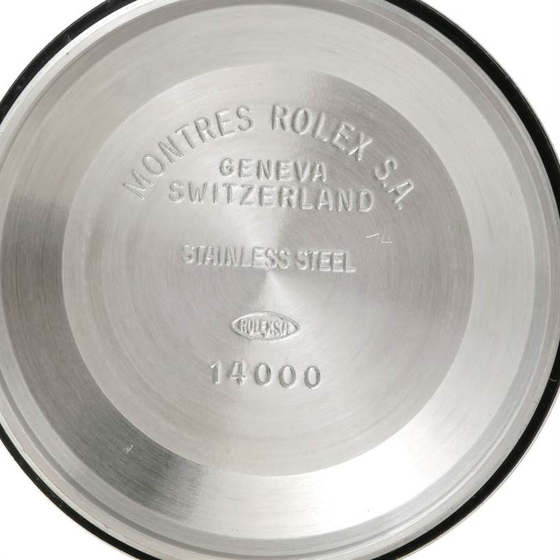 This image shows the backside of a Rolex Air-King 14000 Men's Stainless Steel White Dial 14000 Men's Stainless Steel White Dial watch, detailing its model number and origin.