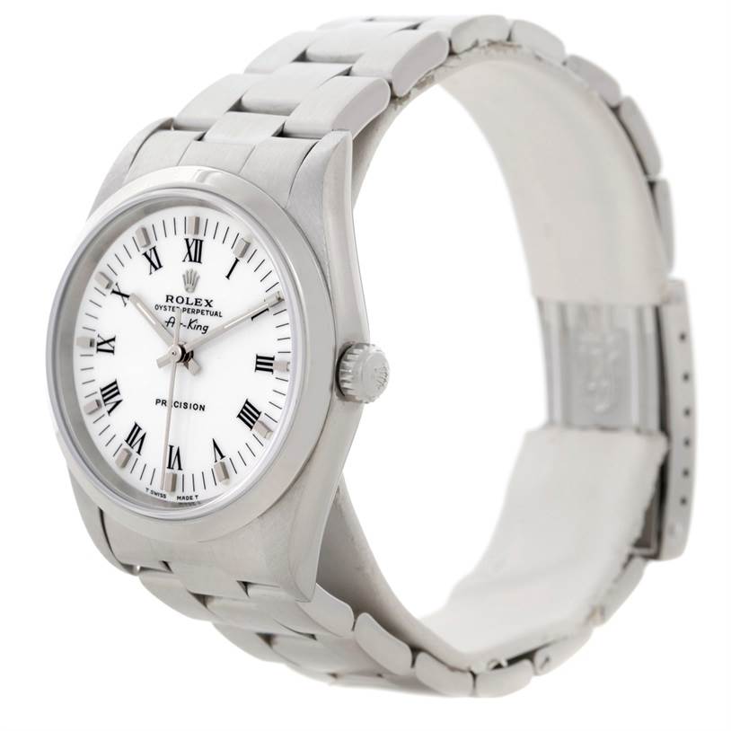 The image shows a side angle of the Rolex Air-King 14000 Men's Stainless Steel White Dial 14000 Men's Stainless Steel White Dial with a clear view of its face, bezel, crown, and bracelet.