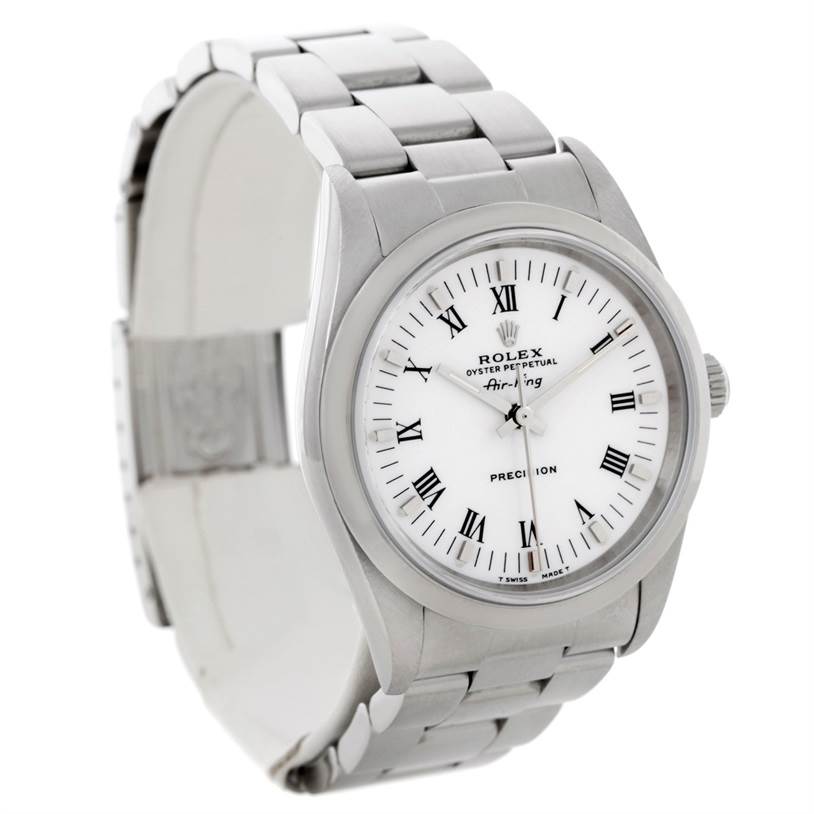 The image shows a Rolex Air-King 14000 Men's Stainless Steel White Dial 14000 Men's Stainless Steel White Dial watch featuring a white dial, Roman numerals, and an Oyster bracelet, viewed at a 3/4 angle.