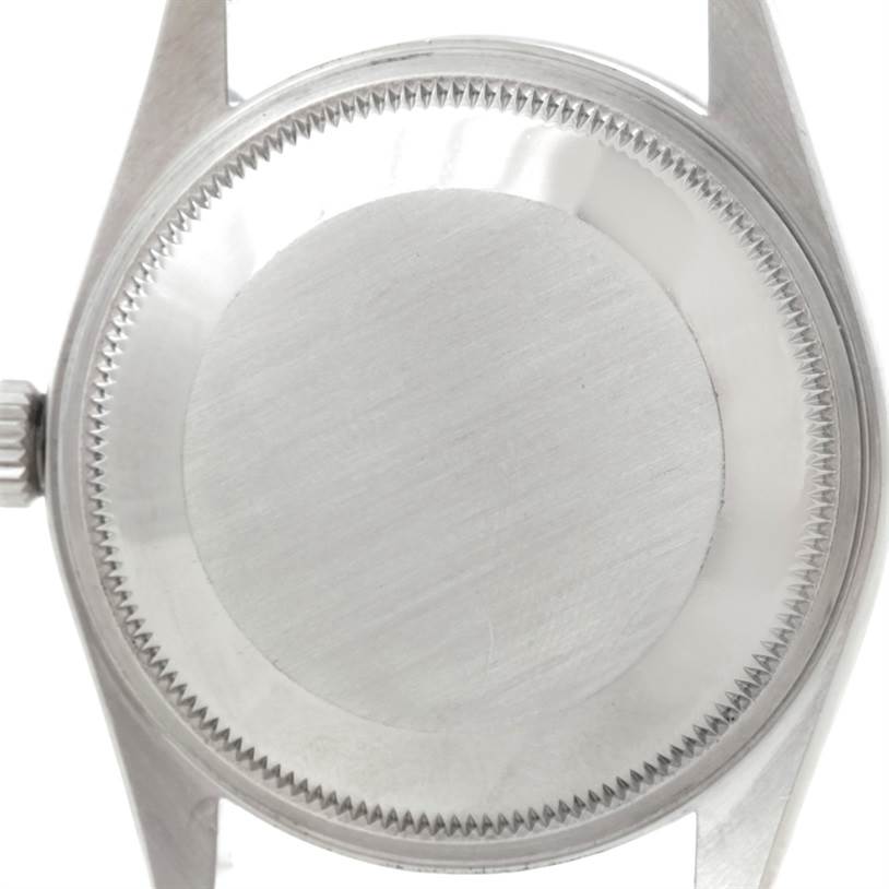 The image shows the back case and lugs of a Rolex Air-King 14000 Men's Stainless Steel Blue Dial 14000 Men's Stainless Steel Blue Dial watch from a straight-on angle.