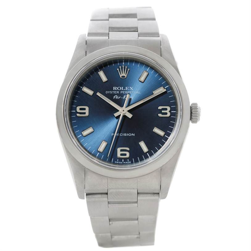 The image shows a frontal view of a Rolex Air-King 14000 Men's Stainless Steel Blue Dial 14000 Men's Stainless Steel Blue Dial watch, displaying its blue dial, hour markers, hands, and metal bracelet.