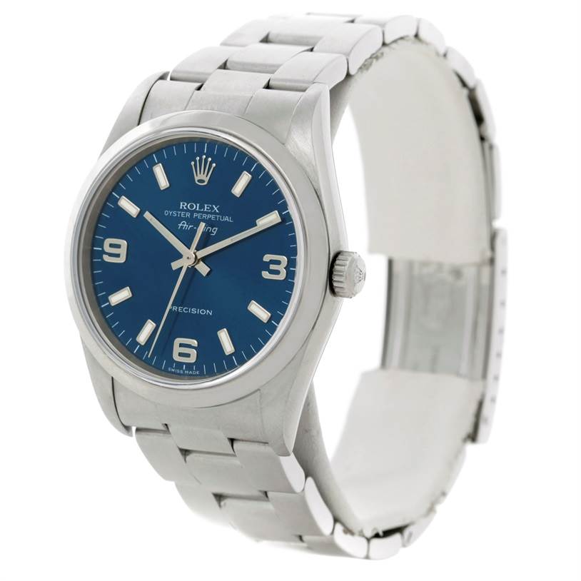The Rolex Air-King 14000 Men's Stainless Steel Blue Dial 14000 Men's Stainless Steel Blue Dial watch is shown at an angled front view, displaying its blue dial, case, and stainless steel bracelet.