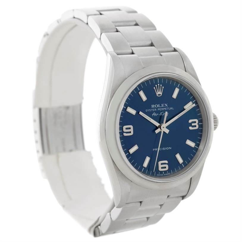 This image shows a Rolex Air-King 14000 Men's Stainless Steel Blue Dial 14000 Men's Stainless Steel Blue Dial watch at a three-quarter angle, displaying its dial, bezel, and part of the bracelet.