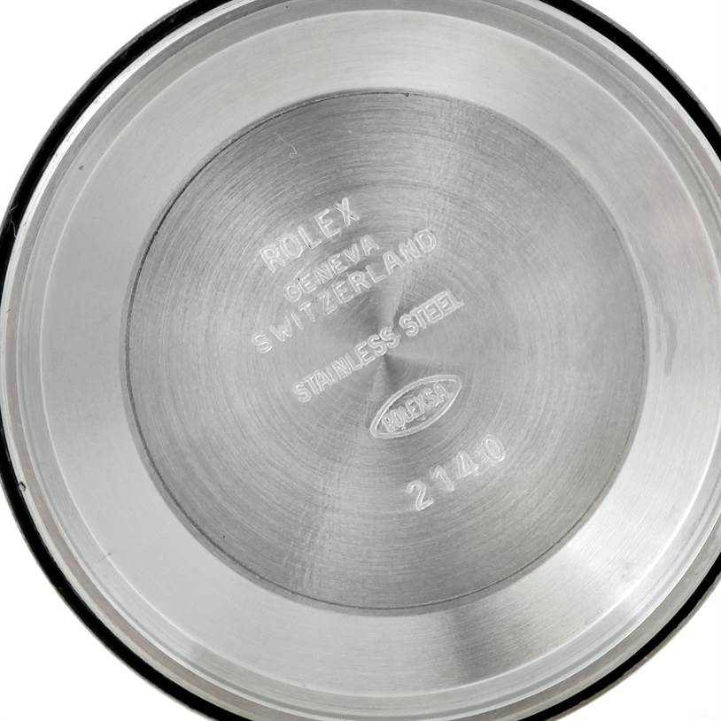 This image shows the inner side of the case back for the Rolex Air-King 14000 Men's Stainless Steel Blue Dial 14000 Men's Stainless Steel Blue Dial watch, featuring engraved branding details.