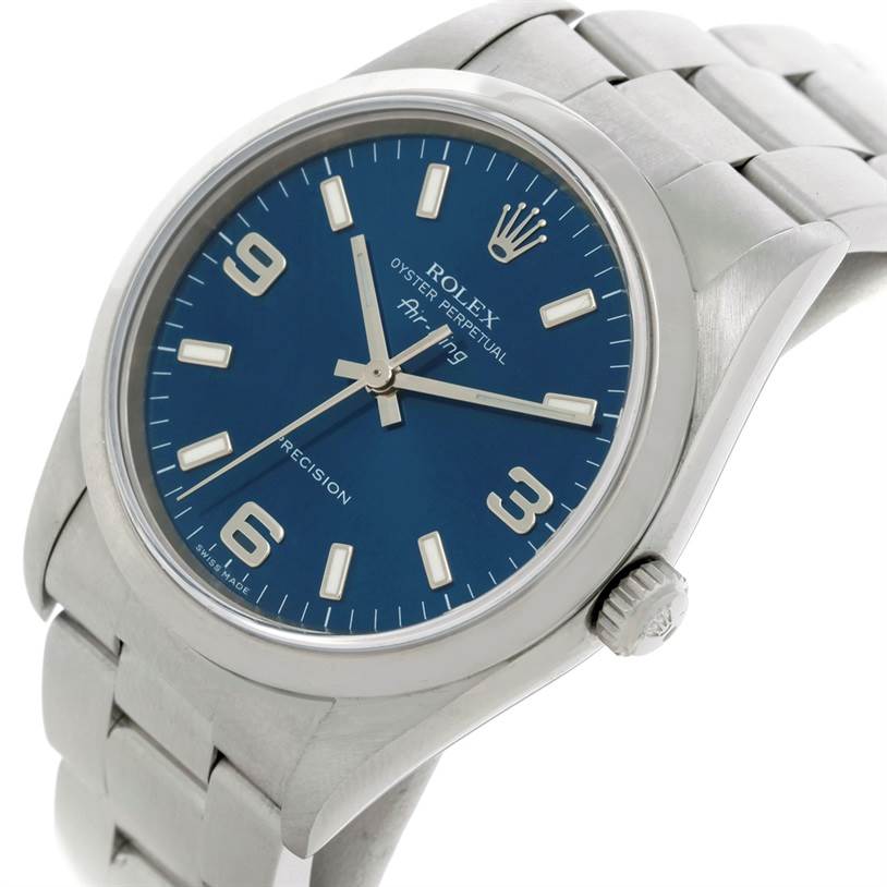 The Rolex Air-King 14000 Men's Stainless Steel Blue Dial 14000 Men's Stainless Steel Blue Dial watch is shown at an angled close-up, highlighting the face, bezel, crown, and a portion of the bracelet.