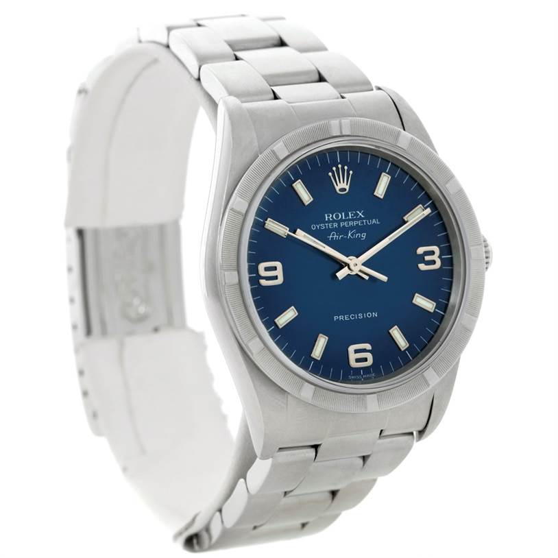 The image shows a Rolex Air-King 14010 Men's Stainless Steel Blue Dial 14010 Men's Stainless Steel Blue Dial watch from a front angle, displaying its blue dial and metal bracelet.