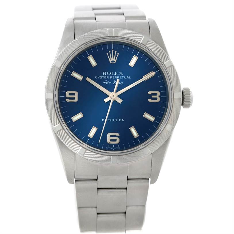 The image shows a Rolex Air-King 14010 Men's Stainless Steel Blue Dial 14010 Men's Stainless Steel Blue Dial watch from a front angle, displaying the face, hour markers, hands, crown, and bracelet.