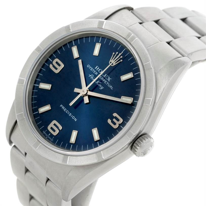 The image shows a Rolex Air-King 14010 Men's Stainless Steel Blue Dial 14010 Men's Stainless Steel Blue Dial watch at a slight side angle, highlighting its blue dial, silver hands, and stainless steel bracelet.