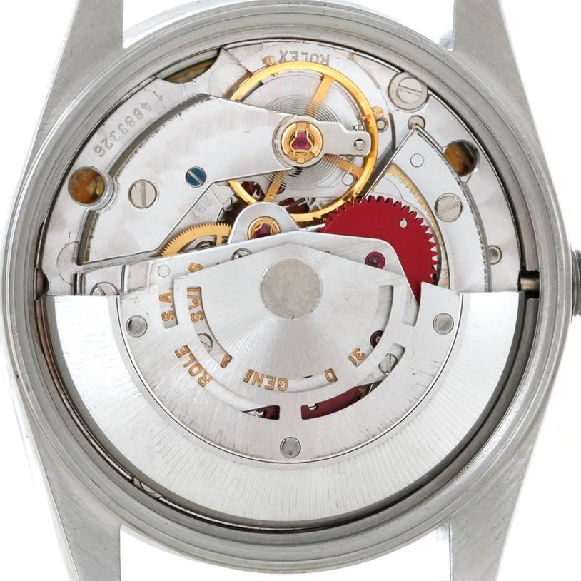 The image shows the internal mechanical components of a Rolex Air-King 14010 Men's Stainless Steel Blue Dial 14010 Men's Stainless Steel Blue Dial watch from a back view angle.