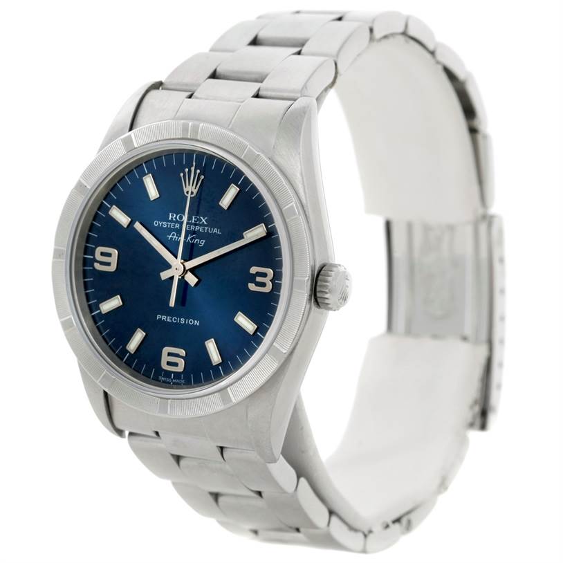 The image shows a Rolex Air-King 14010 Men's Stainless Steel Blue Dial 14010 Men's Stainless Steel Blue Dial watch in a front-angle view displaying its dial, bezel, crown, and bracelet.