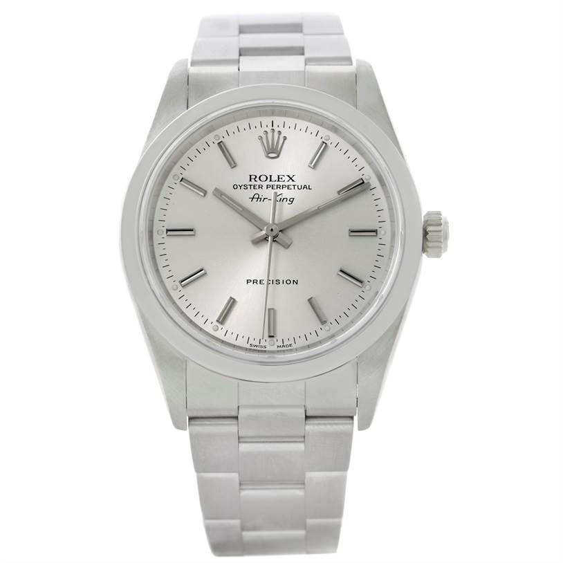 The image shows a front view of a Rolex Air-King 14000 Men's Stainless Steel Silver Dial 14000 Men's Stainless Steel Silver Dial watch, highlighting its dial, hands, crown, and stainless steel bracelet.