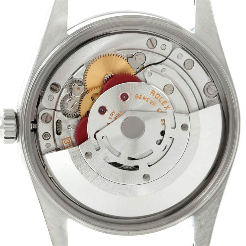 This image shows the internal mechanics and movement of a Rolex Air-King 14000 Men's Stainless Steel Silver Dial 14000 Men's Stainless Steel Silver Dial watch viewed from the back.