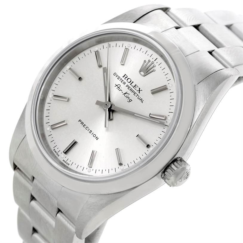 The Rolex Air-King 14000 Men's Stainless Steel Silver Dial 14000 Men's Stainless Steel Silver Dial watch is shown at an angle highlighting the face, crown, and part of the bracelet.