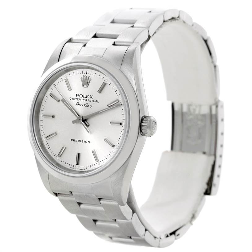 The image shows a Rolex Air-King 14000 Men's Stainless Steel Silver Dial 14000 Men's Stainless Steel Silver Dial watch from a three-quarter angle, displaying the watch face, crown, and the full bracelet.