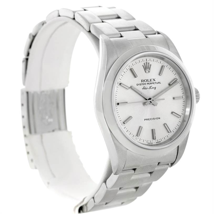 The Rolex Air-King 14000 Men's Stainless Steel Silver Dial 14000 Men's Stainless Steel Silver Dial watch is shown at an angle displaying the face, crown, and bracelet links.