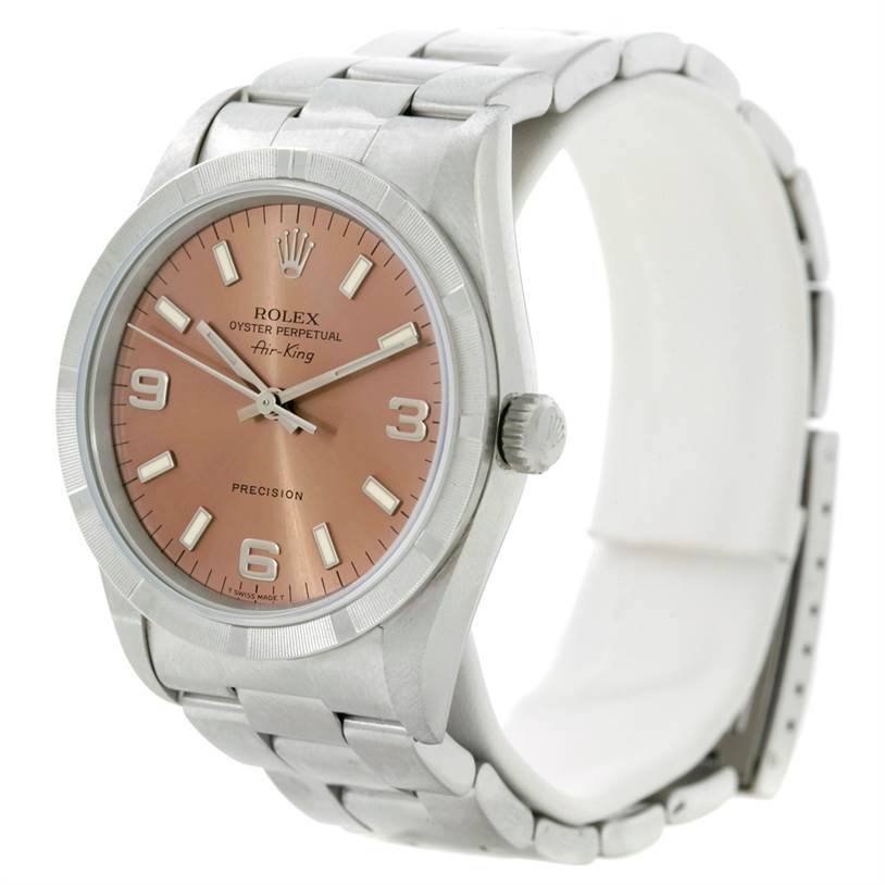 This Rolex Air-King 14010 Men's Stainless Steel Pink Dial 14010 Men's Stainless Steel Pink Dial watch is shown at a three-quarter angle, displaying the face, bezel, crown, and part of the band.