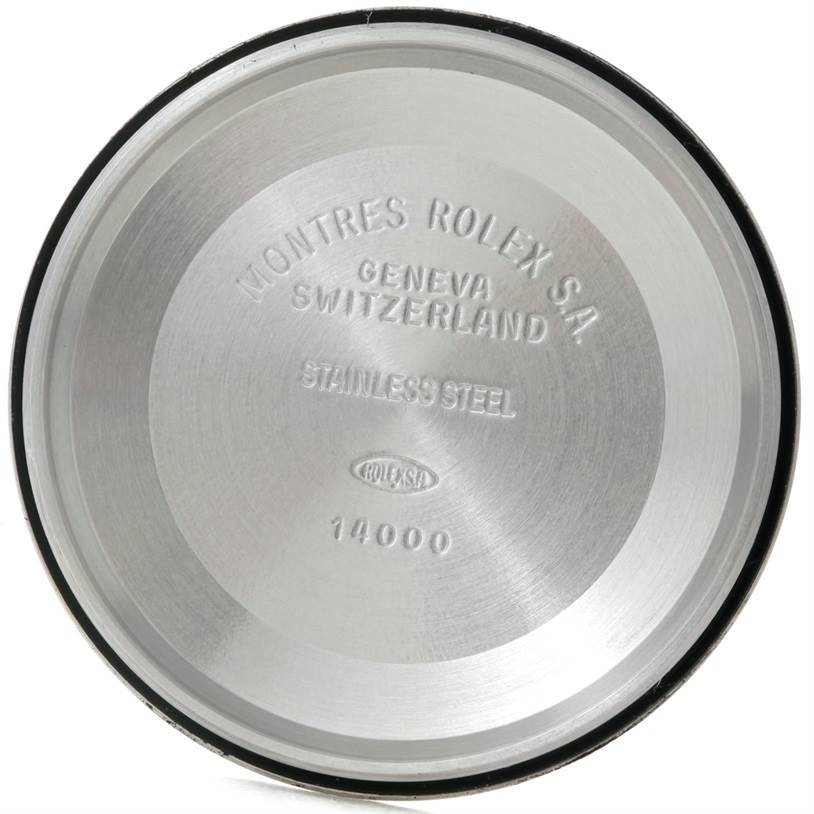 This image shows the inner case back of a Rolex Air-King 14010 Men's Stainless Steel Pink Dial 14010 Men's Stainless Steel Pink Dial watch, displaying brand engravings and model number.