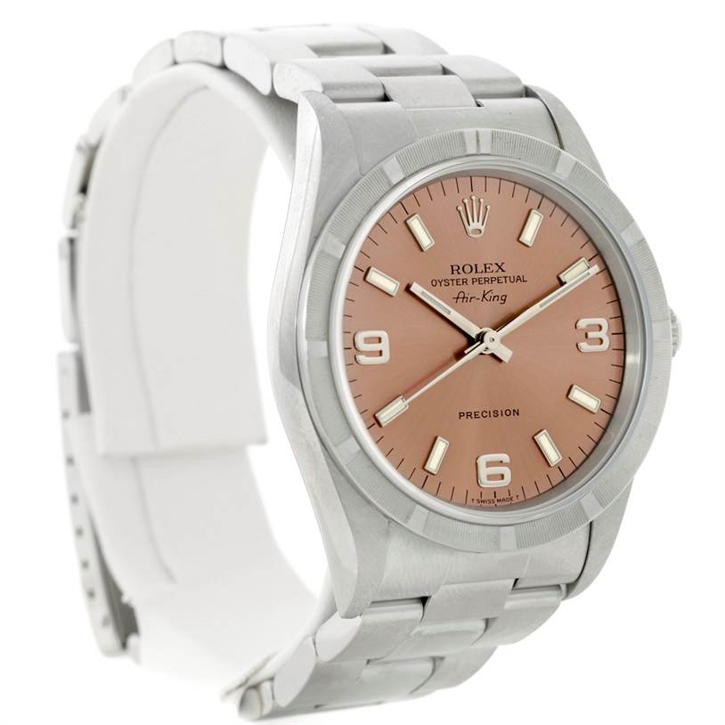 This image shows a Rolex Air-King 14010 Men's Stainless Steel Pink Dial 14010 Men's Stainless Steel Pink Dial watch, displaying its face, bezel, and bracelet at a three-quarter angle.
