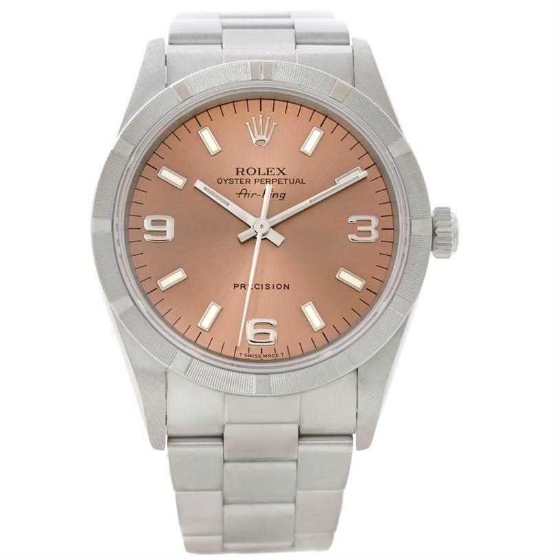 This image shows a front view of a Rolex Air-King 14010 Men's Stainless Steel Pink Dial 14010 Men's Stainless Steel Pink Dial watch, displaying its dial, case, and bracelet.