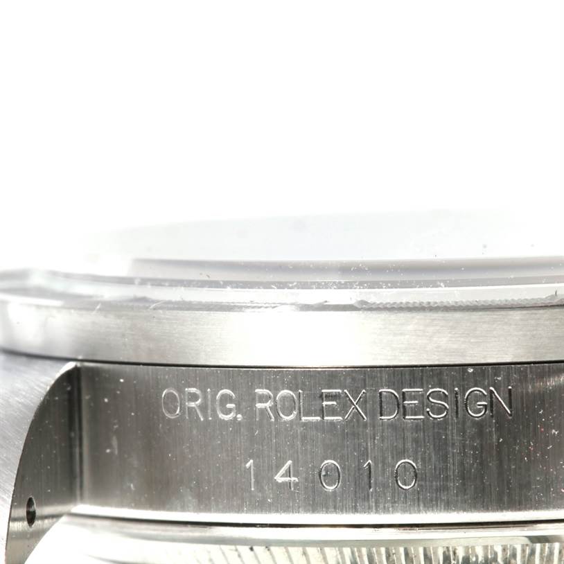 The image shows the side view of the casing of a Rolex Air-King 14010 Men's Stainless Steel Pink Dial 14010 Men's Stainless Steel Pink Dial watch displaying the model number 14010.