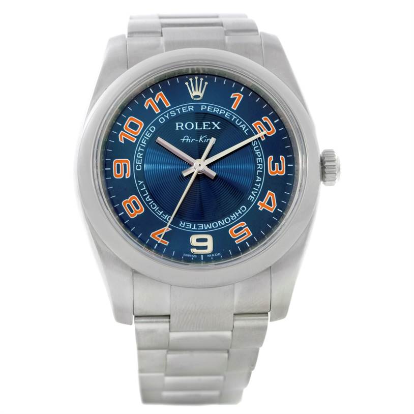 This image shows a Rolex Air-King 114200 Men's Stainless Steel Blue Dial 114200 Men's Stainless Steel Blue Dial watch from a front angle, displaying the face, bezel, crown, and bracelet.