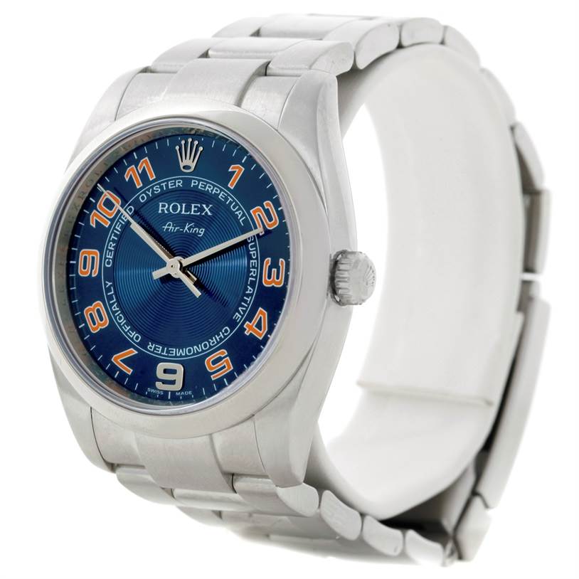 This image shows a front and side view of the Rolex Air-King 114200 Men's Stainless Steel Blue Dial 114200 Men's Stainless Steel Blue Dial, displaying its blue dial and stainless steel bracelet.