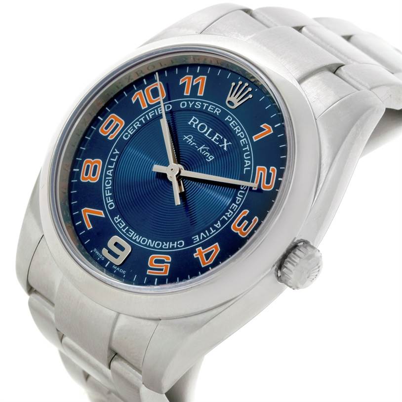The image shows a close-up, angled view of the Rolex Air-King 114200 Men's Stainless Steel Blue Dial 114200 Men's Stainless Steel Blue Dial watch, highlighting the dial, case, and part of the bracelet.