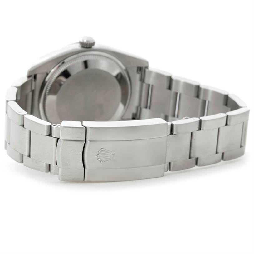 The image shows the backside and clasp of a Rolex Air-King 114200 Men's Stainless Steel Blue Dial 114200 Men's Stainless Steel Blue Dial watch, highlighting the bracelet and crown emblem on the clasp.