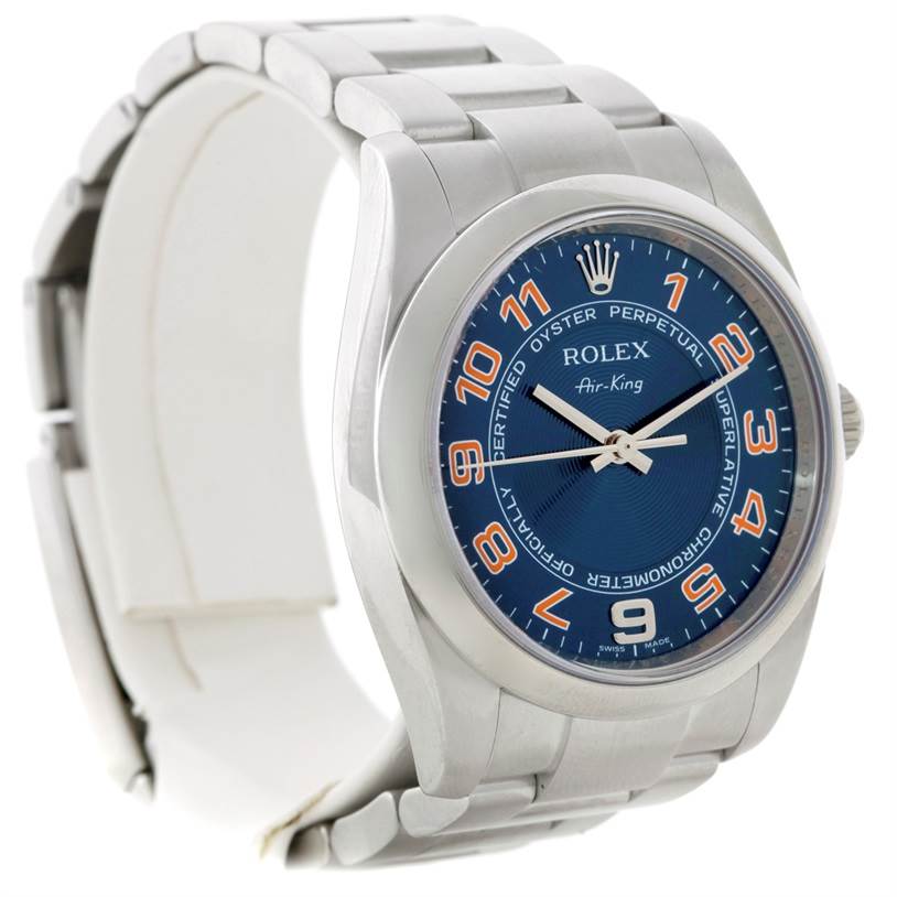 This is a Rolex Air-King 114200 Men's Stainless Steel Blue Dial 114200 Men's Stainless Steel Blue Dial watch shown at a three-quarter angle, highlighting the blue dial, stainless steel case, and bracelet.