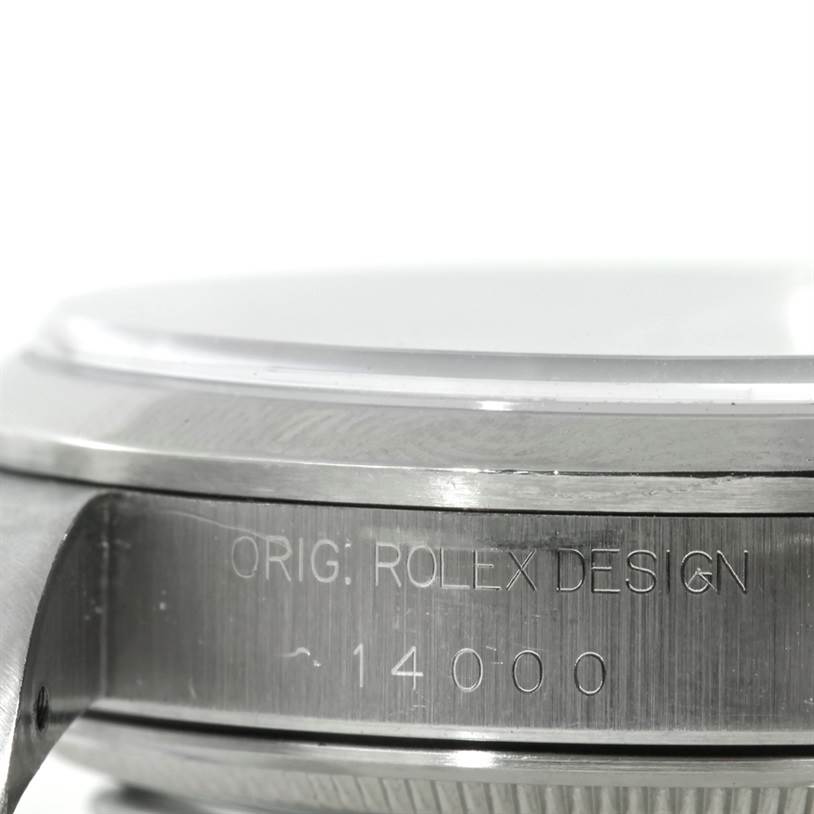 The image shows a side view of the bezel and the engraved case side of a Rolex Air-King 14000 Men's Stainless Steel White Dial 14000 Men's Stainless Steel White Dial model watch, displaying its reference number.