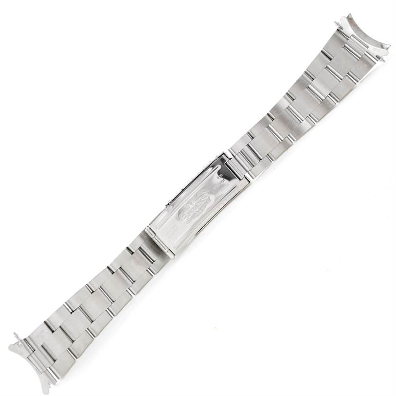 This image shows a detached stainless steel bracelet for the Rolex Air-King 14000 Men's Stainless Steel White Dial 14000 Men's Stainless Steel White Dial model, viewed from a top-down angle.