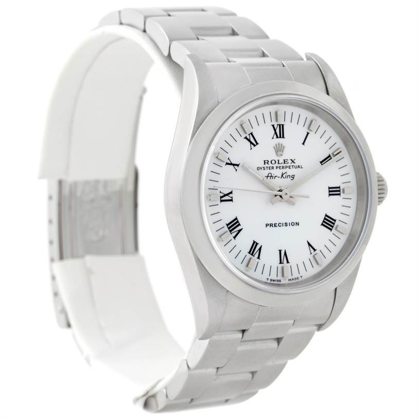 The Rolex Air-King 14000 Men's Stainless Steel White Dial 14000 Men's Stainless Steel White Dial watch is shown from a three-quarter angle highlighting its face, bezel, crown, and bracelet.