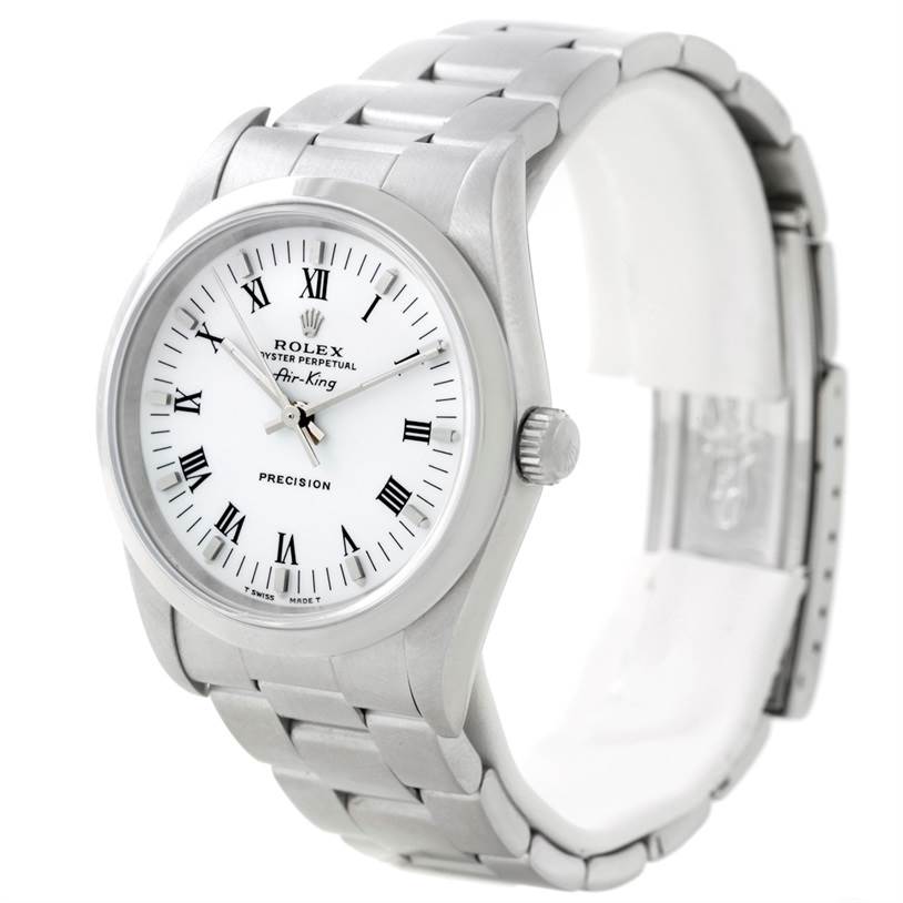 This image shows a Rolex Air-King 14000 Men's Stainless Steel White Dial 14000 Men's Stainless Steel White Dial watch from an angled front view, highlighting the face, bezel, crown, and bracelet.