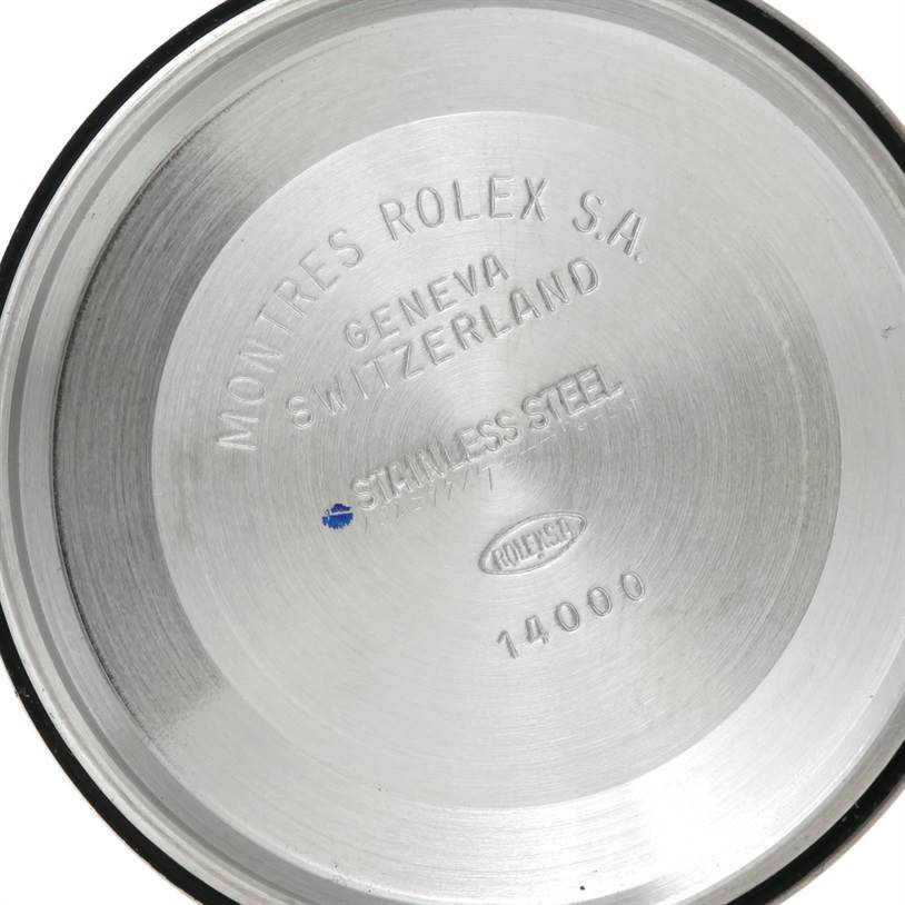 The image shows the inside case back of a Rolex Air-King 14000 Men's Stainless Steel White Dial 14000 Men's Stainless Steel White Dial watch, displaying engraved text and model information.