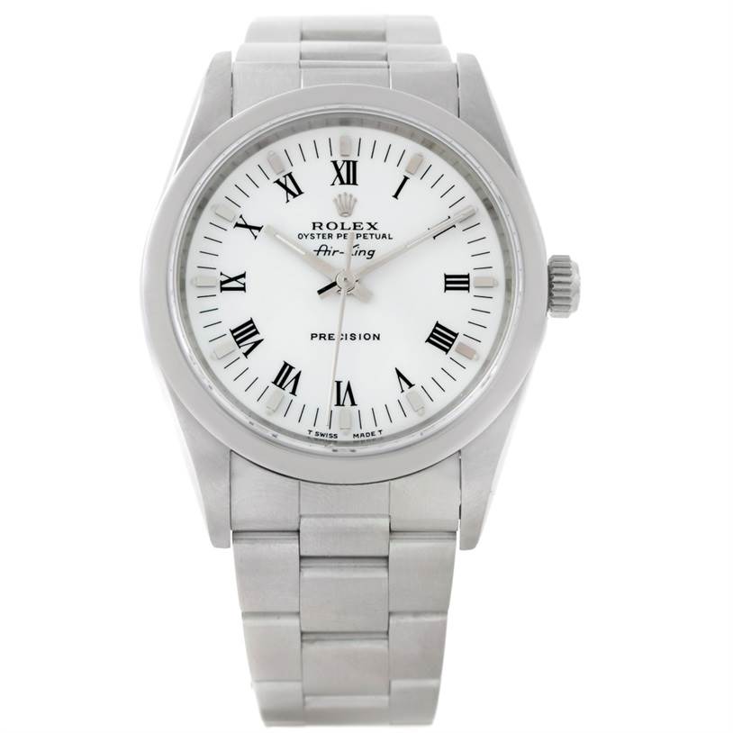 This image shows a front view of a Rolex Air-King 14000 Men's Stainless Steel White Dial 14000 Men's Stainless Steel White Dial watch, displaying the face, crown, and bracelet.