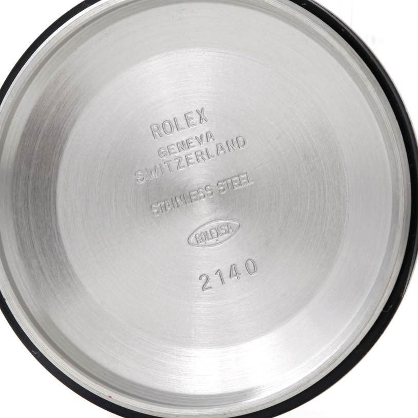 This is an image of the case back interior for a Rolex Air-King 14000 Men's Stainless Steel Silver Dial 14000 Men's Stainless Steel Silver Dial watch, showing details like "stainless steel" and the model number 2140.