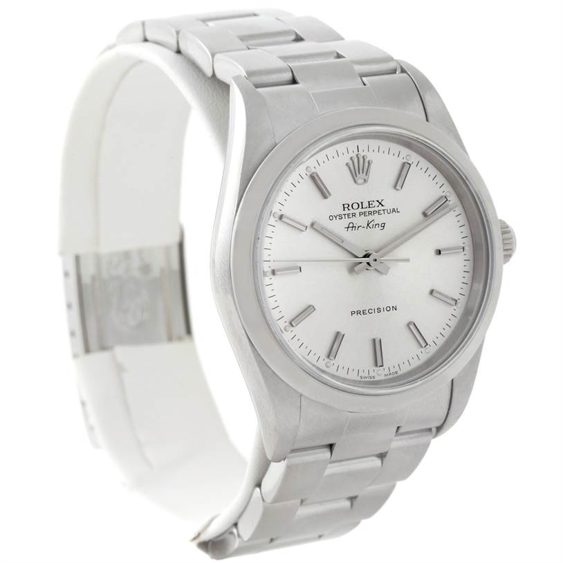 The Rolex Air-King 14000 Men's Stainless Steel Silver Dial 14000 Men's Stainless Steel Silver Dial watch is shown at a three-quarter angle highlighting its face, bezel, bracelet, and clasp.