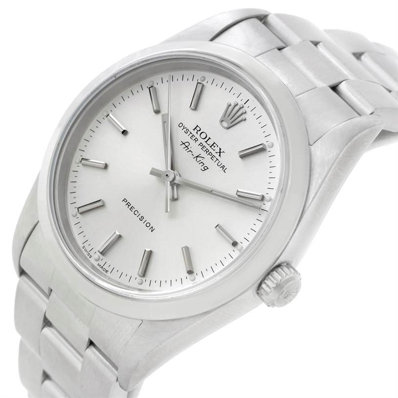 The Rolex Air-King 14000 Men's Stainless Steel Silver Dial 14000 Men's Stainless Steel Silver Dial watch is shown at a slight angle, highlighting its face, dial, crown, and bracelet.
