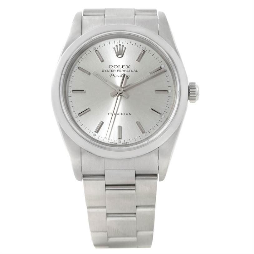 The image shows a front view of the Rolex Air-King 14000 Men's Stainless Steel Silver Dial 14000 Men's Stainless Steel Silver Dial watch, displaying its dial, case, and bracelet.
