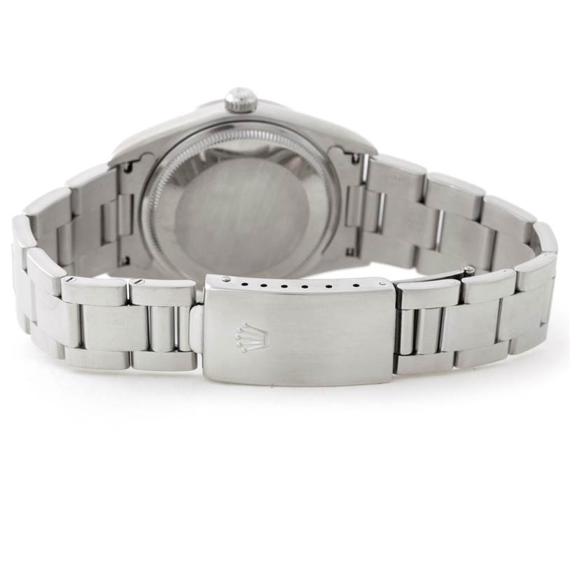 The image shows the back view of a Rolex Air-King 14000 Men's Stainless Steel Silver Dial 14000 Men's Stainless Steel Silver Dial watch, highlighting the stainless steel bracelet and clasp.