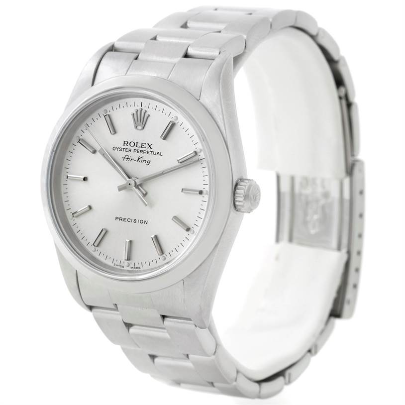 The image shows a front and slightly angled side view of a Rolex Air-King 14000 Men's Stainless Steel Silver Dial 14000 Men's Stainless Steel Silver Dial watch, highlighting the dial, crown, and bracelet.