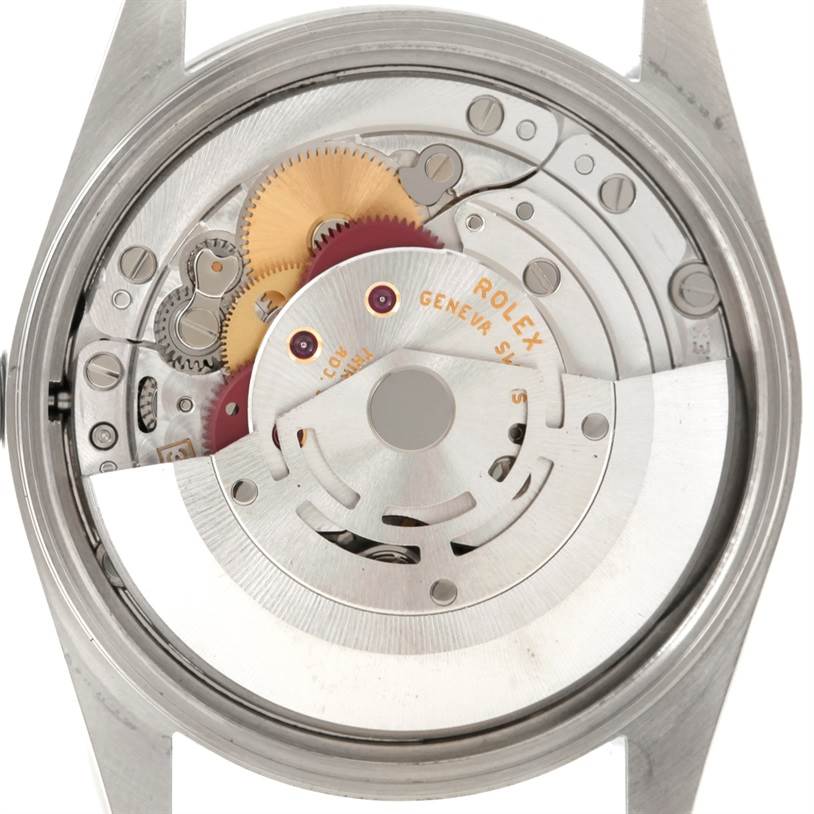 This image shows the internal movement mechanism of a Rolex Air-King 14000 Men's Stainless Steel Blue Dial 14000 Men's Stainless Steel Blue Dial watch from the back.