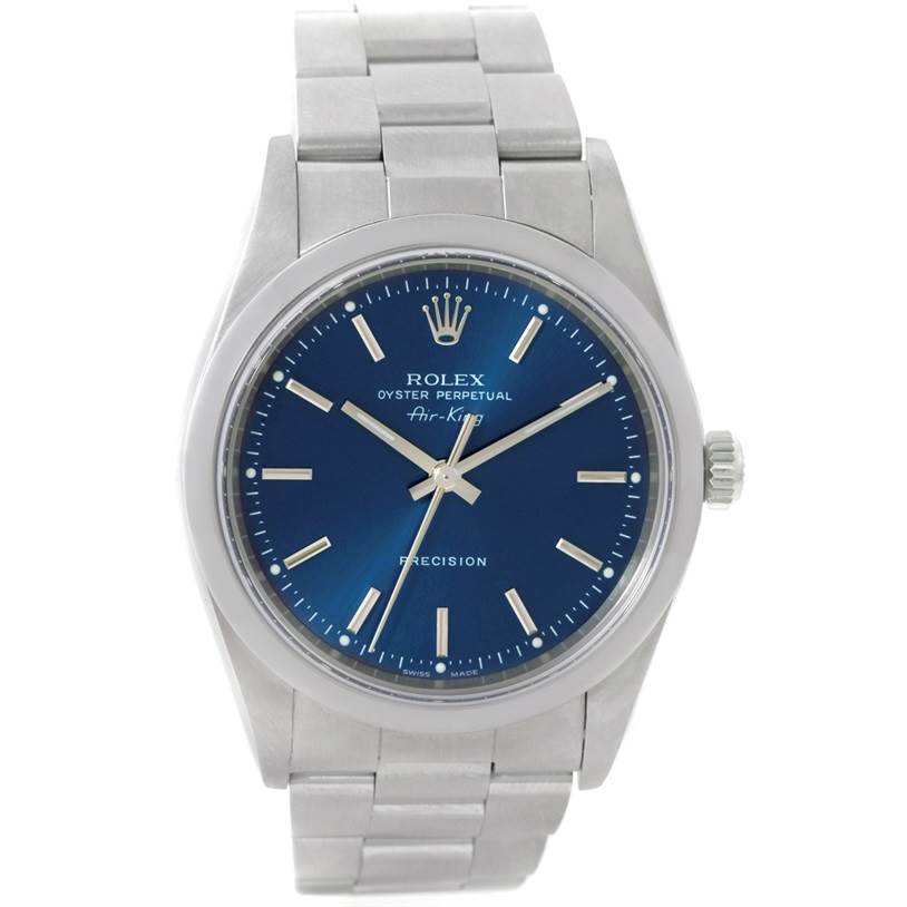 The Rolex Air-King 14000 Men's Stainless Steel Blue Dial 14000 Men's Stainless Steel Blue Dial model watch is shown from a direct, front-facing angle, displaying its blue dial, silver hands, and metal bracelet.