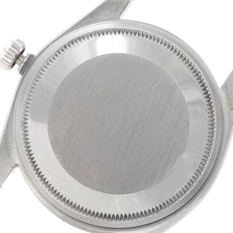 This image shows the back case and crown of a Rolex Air-King 14000 Men's Stainless Steel Blue Dial 14000 Men's Stainless Steel Blue Dial watch.