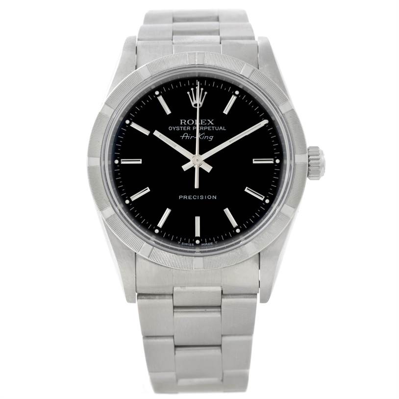 The image shows a front view of a Rolex Air-King 14010 Men's Stainless Steel Black Dial 14010 Men's Stainless Steel Black Dial watch, displaying its dial, bezel, crown, and stainless steel bracelet.