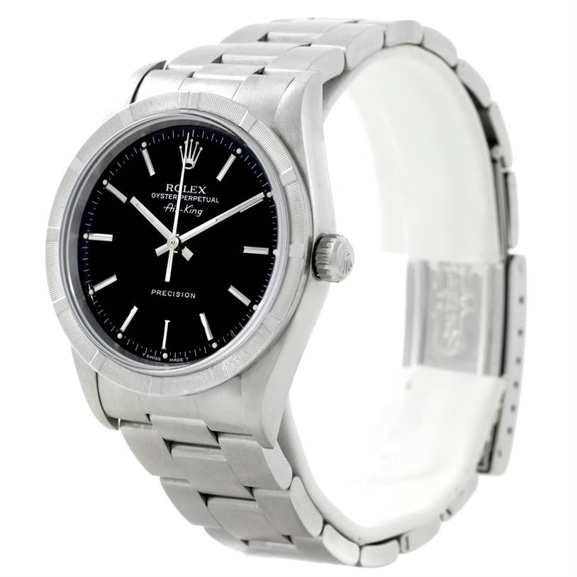 The image shows a Rolex Air-King 14010 Men's Stainless Steel Black Dial 14010 Men's Stainless Steel Black Dial watch at a three-quarter angle, highlighting the black dial, stainless steel case, and bracelet.