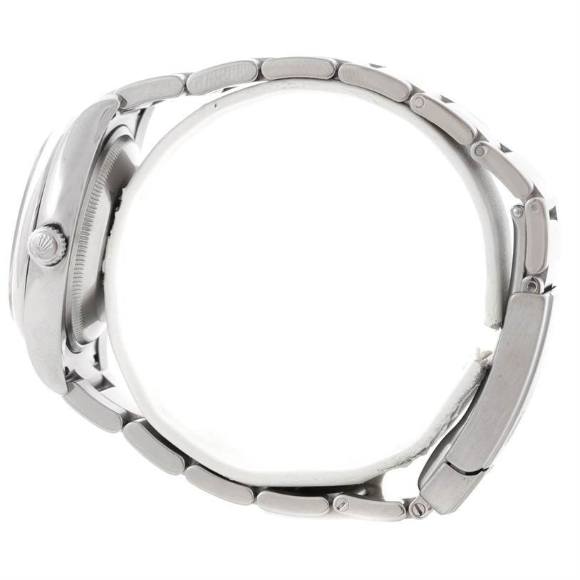 This image shows the side profile of the Air-King model by Rolex, highlighting the case and bracelet links.