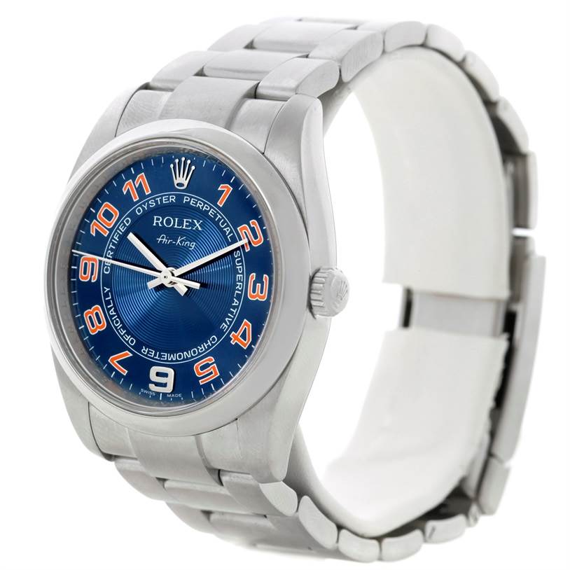 The Rolex Air-King 114200 Men's Stainless Steel Blue Dial 114200 Men's Stainless Steel Blue Dial watch is shown at a three-quarter angle, displaying the face, crown, and bracelet.